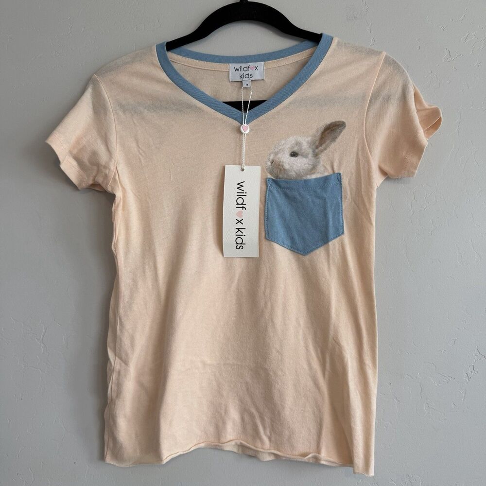 Wildfox Kids Blush Pink Girls Bunny Pocket T-Shirt Size 14 NWT